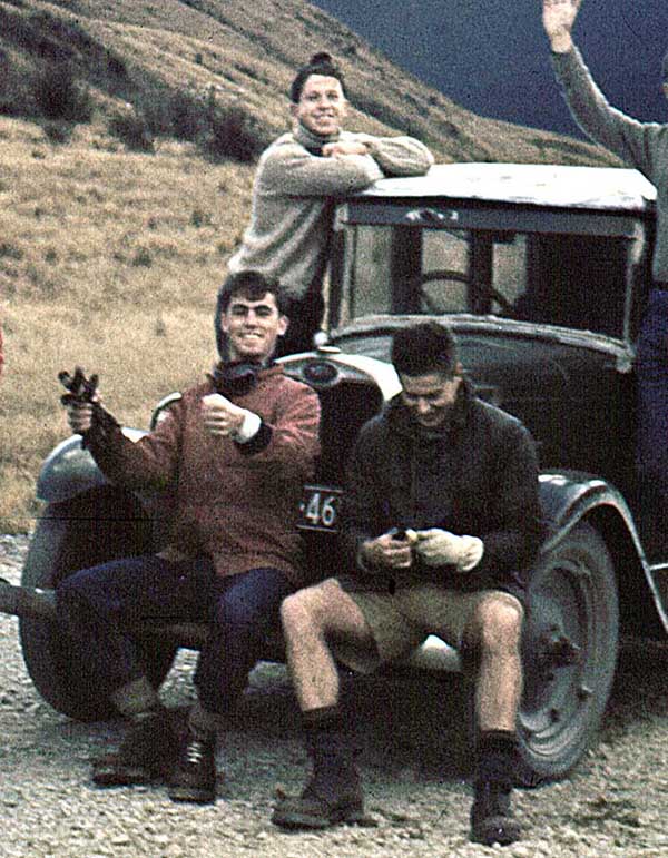 Winter 1957: Pete Blackgrove, Stu Pearce and Jim Haskill relaxing on our group car.