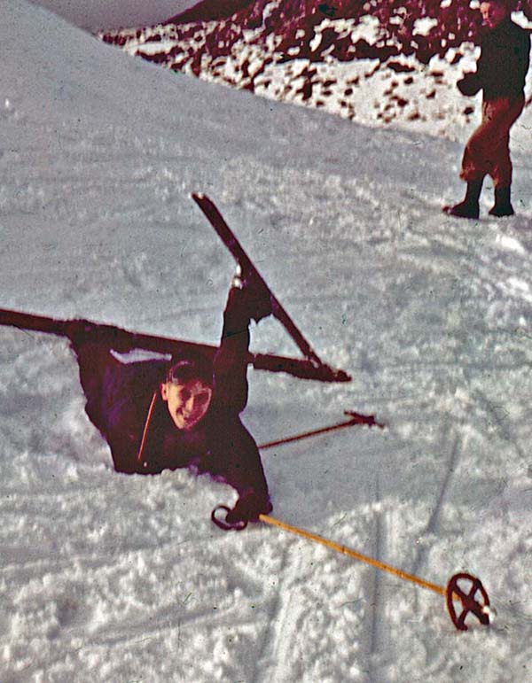 Winter 1957: Stu Pearce tangled in his long boards on our magic ski tour near Arthurs Pass