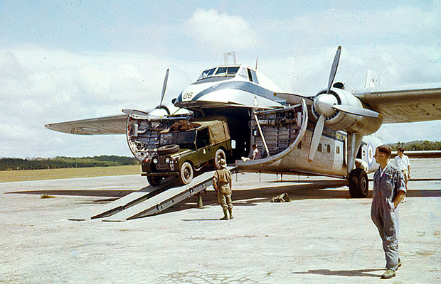 1960: 41 Squadron Bristol Freighter at Gong Kedah, Malaya.  Bruce Tayler on right.