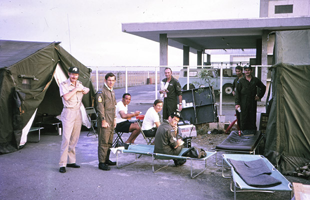 1975: The 41 Squadron Detachment at Saigon airport. Bob Davidson on left.