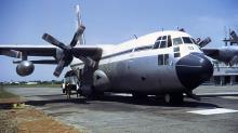 RNZAF C-130H Hercules NZ7002 at Chittagong Airport, Bangladesh during the April 1972 Relief Operation.